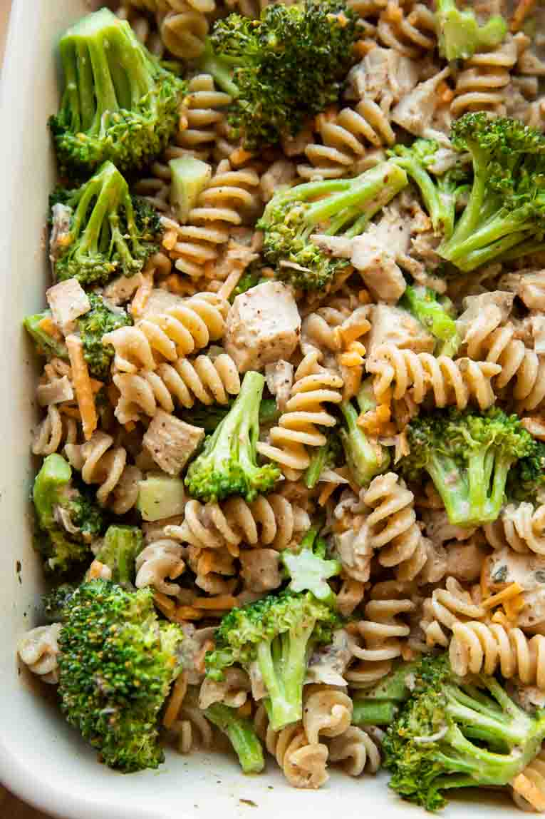 Broccoli chicken and pasta in a baking dish.