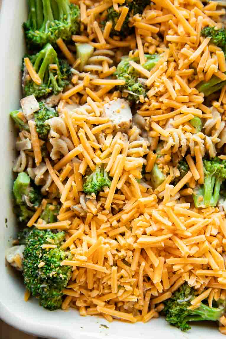 Chicken broccoli casserole in baking dish.