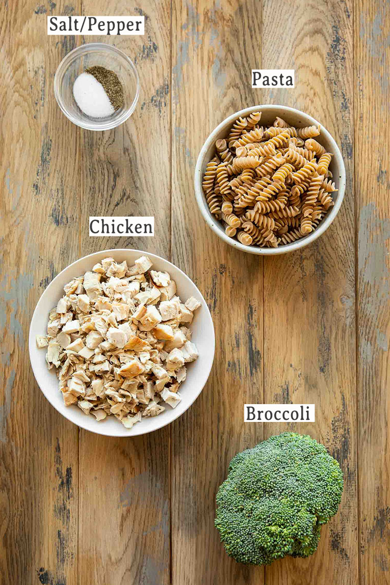 Ingredients for Healthy Chicken Broccoli Pasta Casserole recipe.