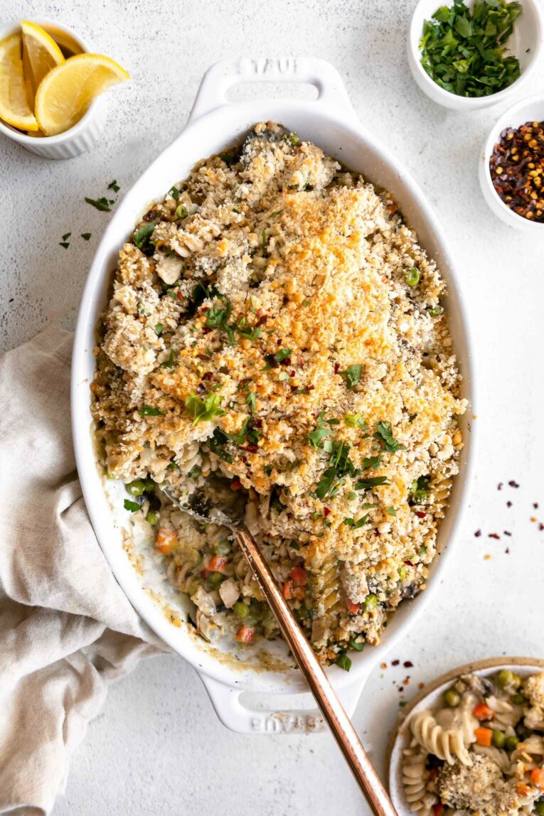 Top photo of healthy tuna casserole in a baking dish.