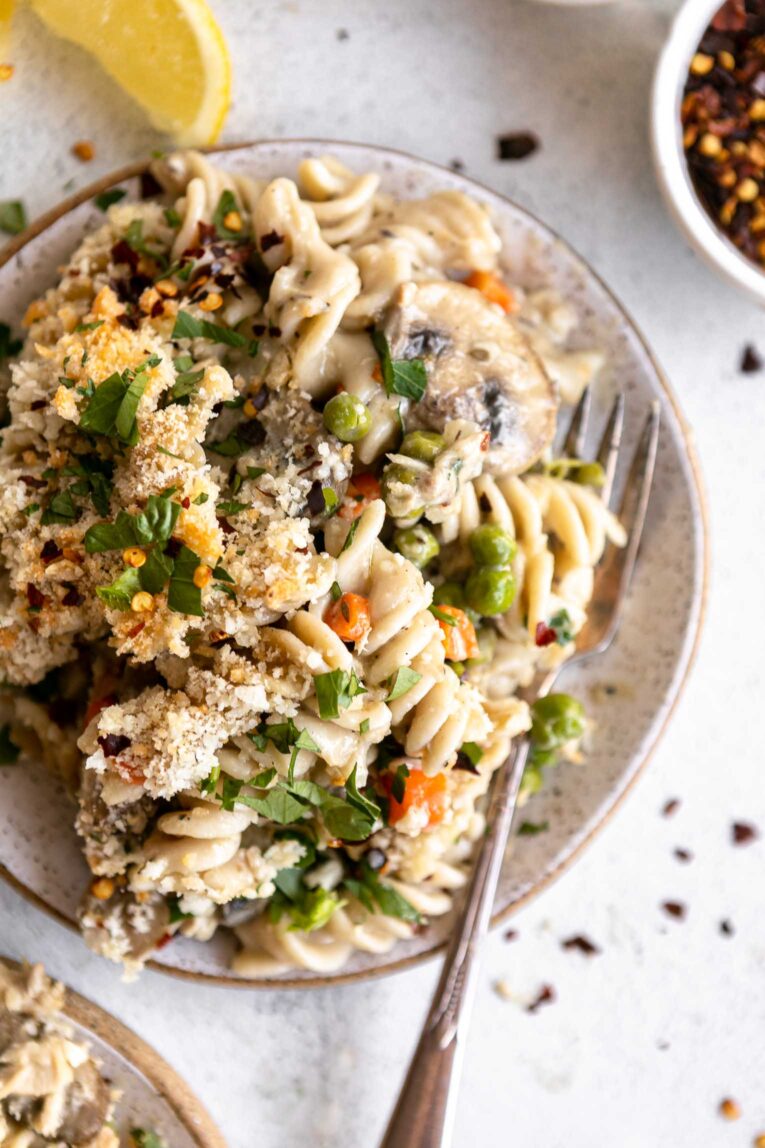 Close up of healthy tuna noodle casserole on a plate.