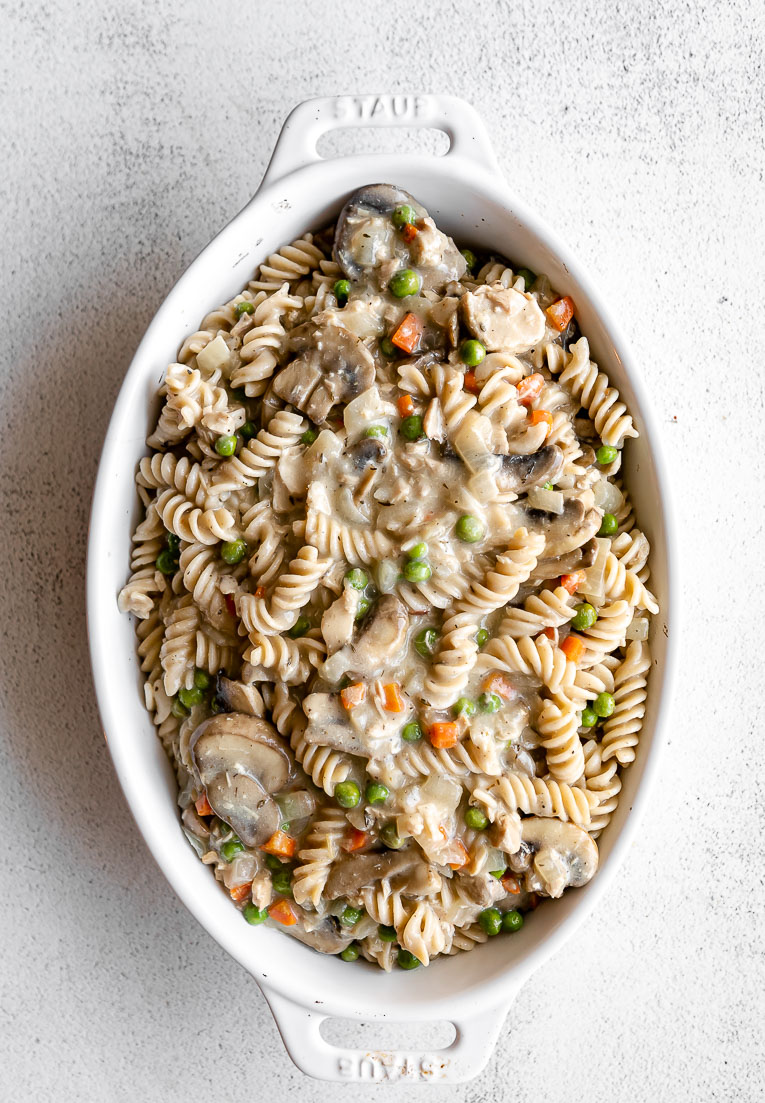 Healthy tuna noodle casserole in a baking dish.