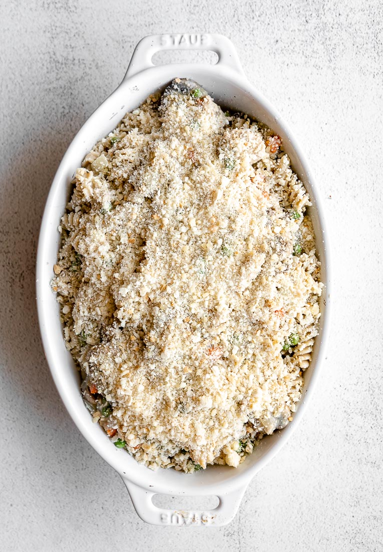 Healthy tuna casserole topped with parmesan and breadcrumbs.