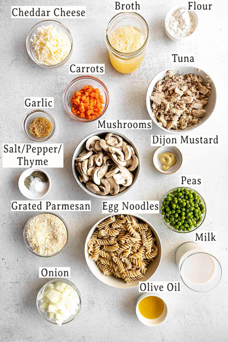 Ingredients for Healthy Tuna Casserole recipe.