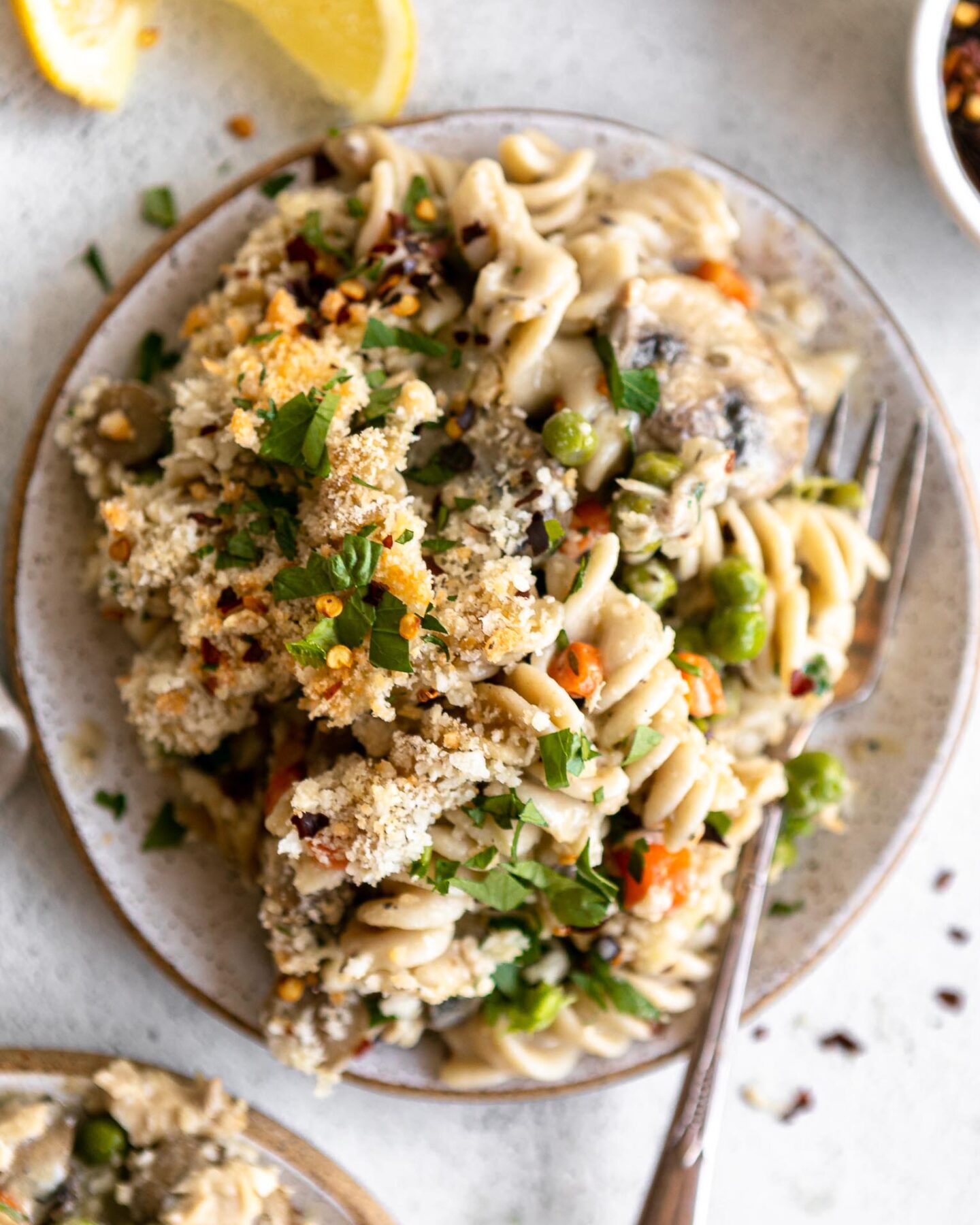 Healthy Tuna Casserole on a plate with a fork.