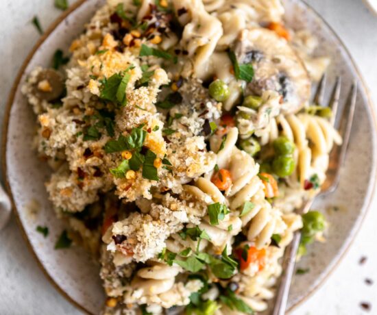 Healthy Tuna Casserole on a plate with a fork.