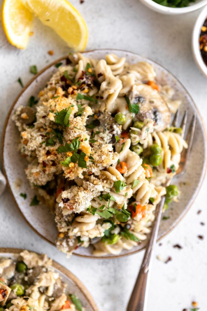Healthy Tuna Casserole on a plate with a fork.
