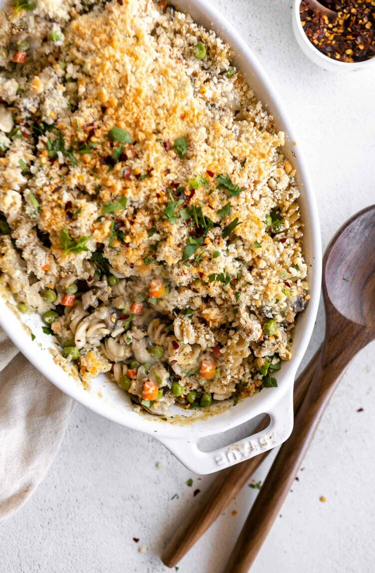 Healthy tuna casserole in a baking dish.