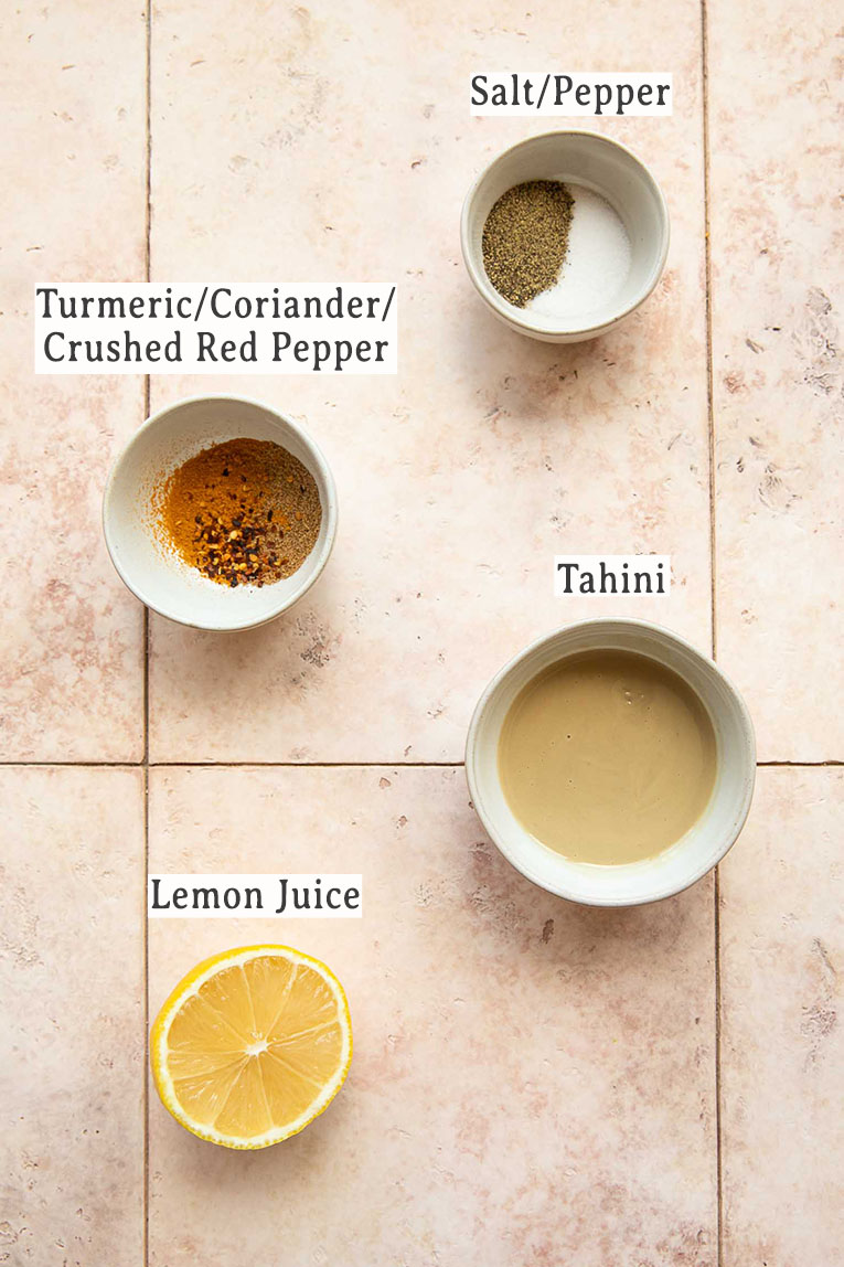 Ingredients for turmeric tahini sauce.
