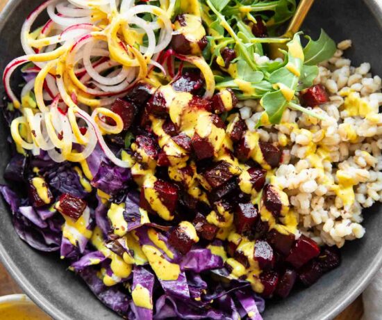 Roasted Beet Bowls recipe with turmeric tahini sauce.