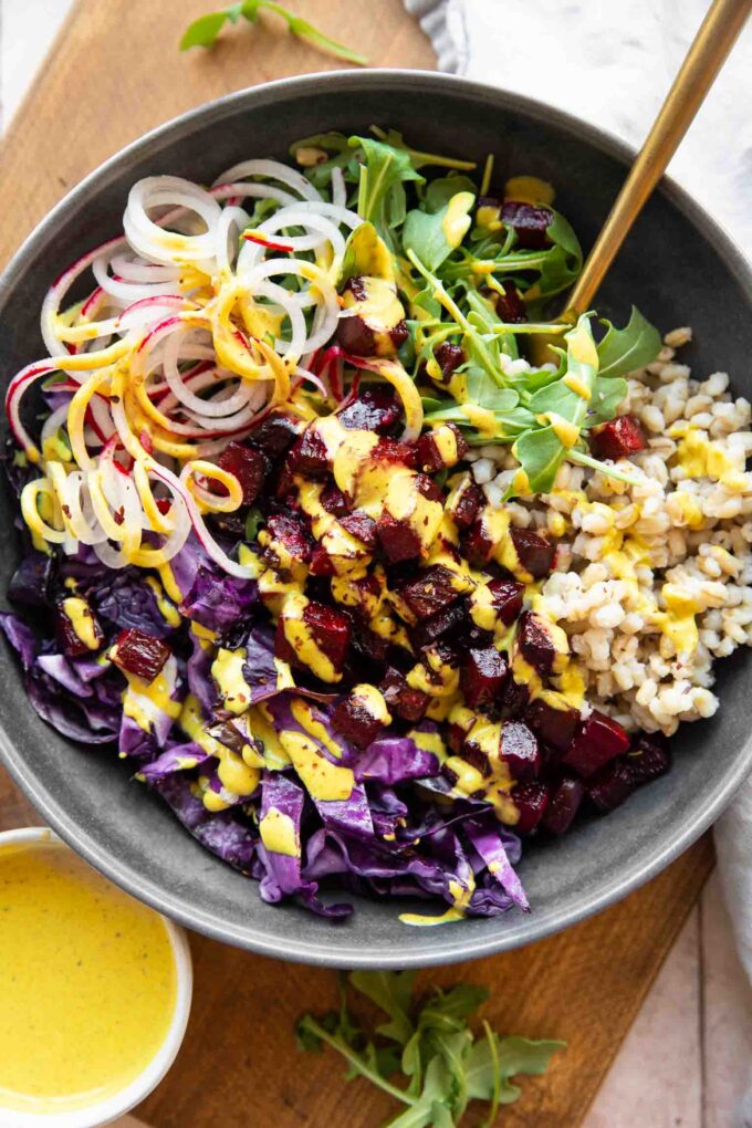 Roasted Beet Bowls recipe with turmeric tahini sauce.