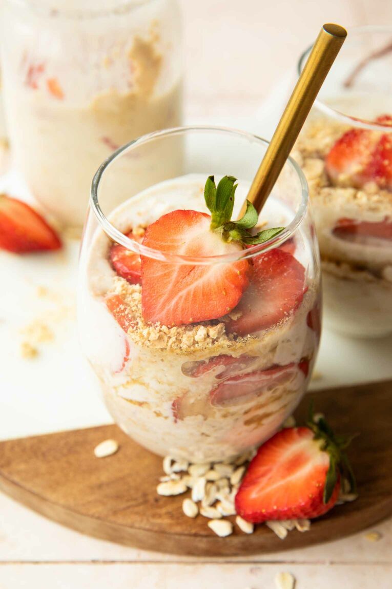 Angled photo of Strawberry Cheesecake Overnight Oats recipe.