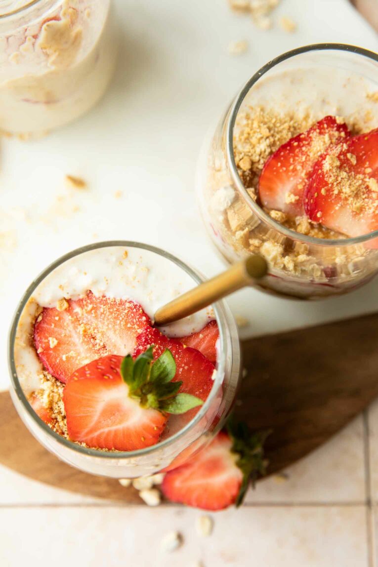 Top photo of Strawberry Cheesecake Overnight Oats.
