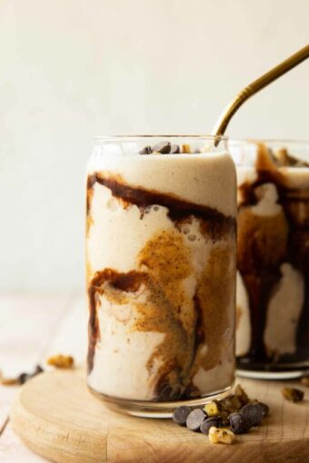 Across photo of Chunky Monkey Smoothie with chocolate and nut butter.