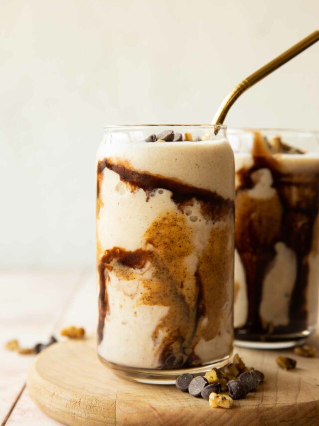 Across photo of Chunky Monkey Smoothie with chocolate and nut butter.