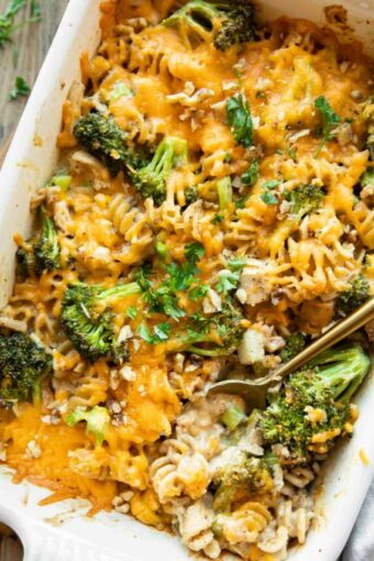 Close up of Healthy Chicken Broccoli Pasta Casserole.