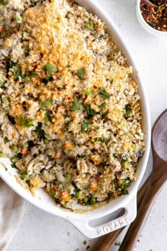 Healthy tuna casserole in a baking dish.