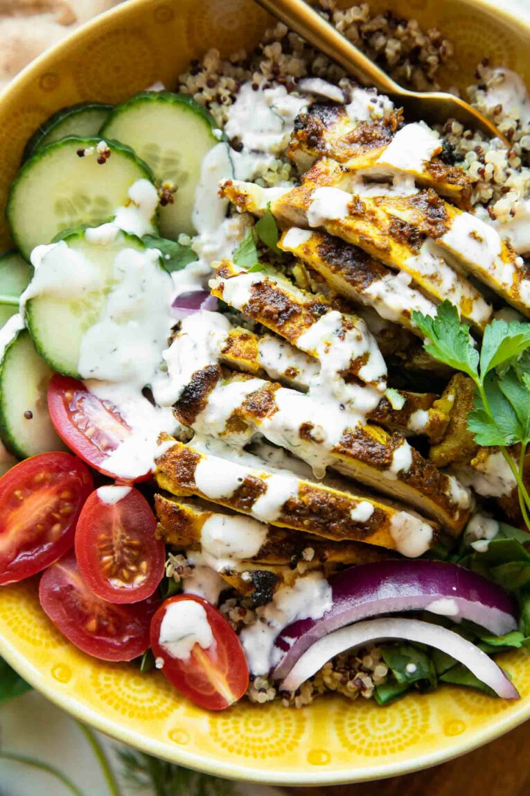 Close up of Chicken Shawarma Grain Bowls recipe.