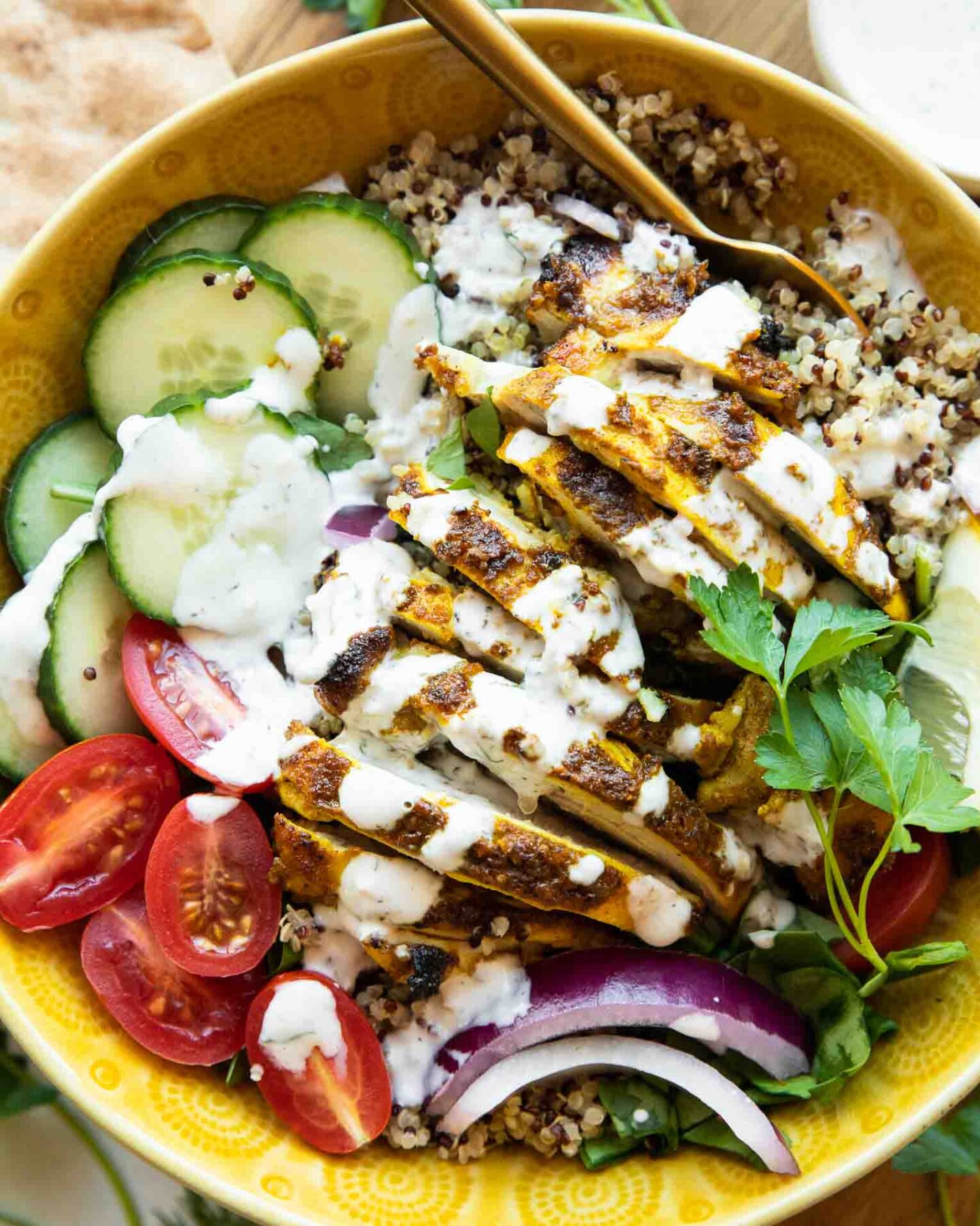 Chicken Shawarma Grain Bowls with yogurt sauce.