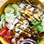 Chicken Shawarma Grain Bowls with yogurt sauce.