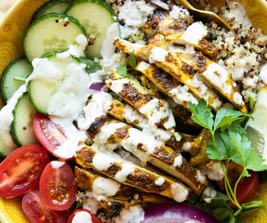 Chicken Shawarma Grain Bowls with yogurt sauce.