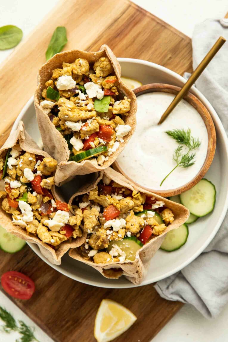 Greek Turkey Pita Sandwiches on a plate.