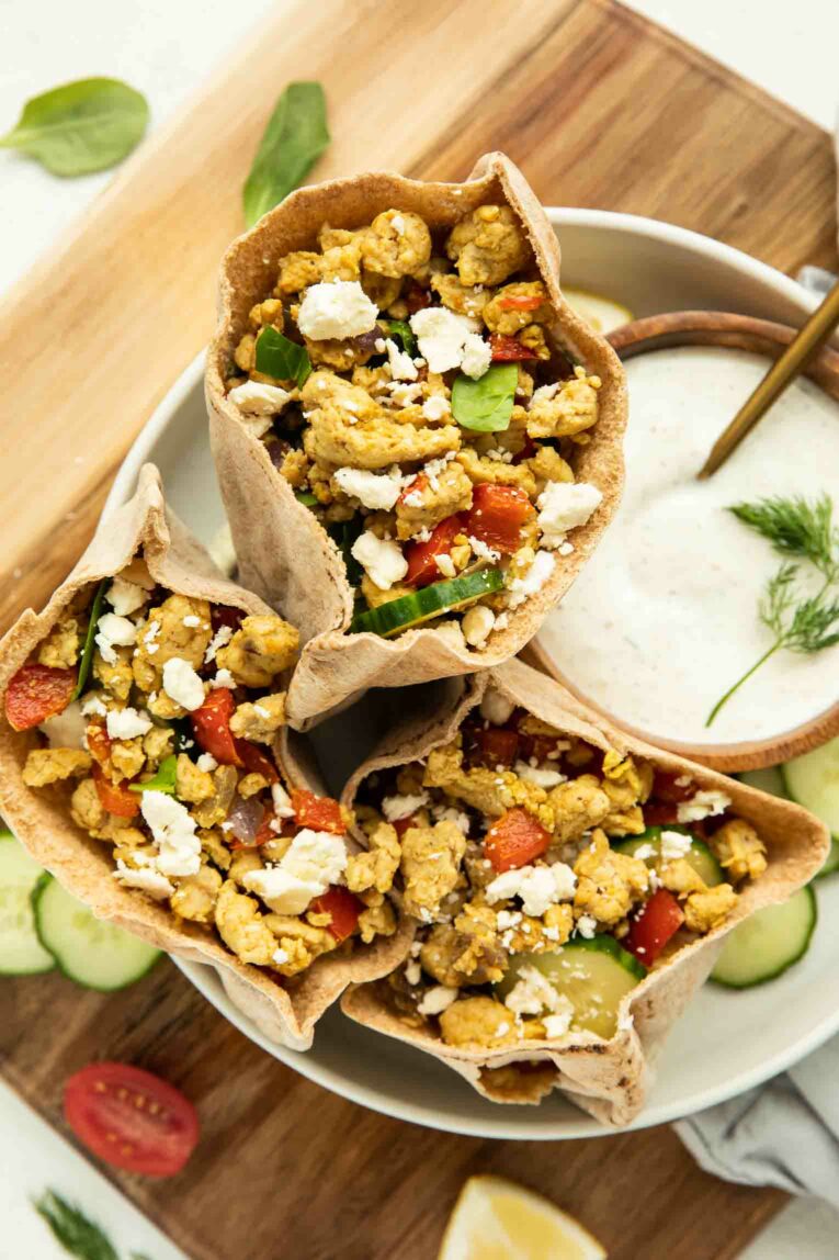 Close up of Greek-Inspired Turkey Pita Sandwich recipe.