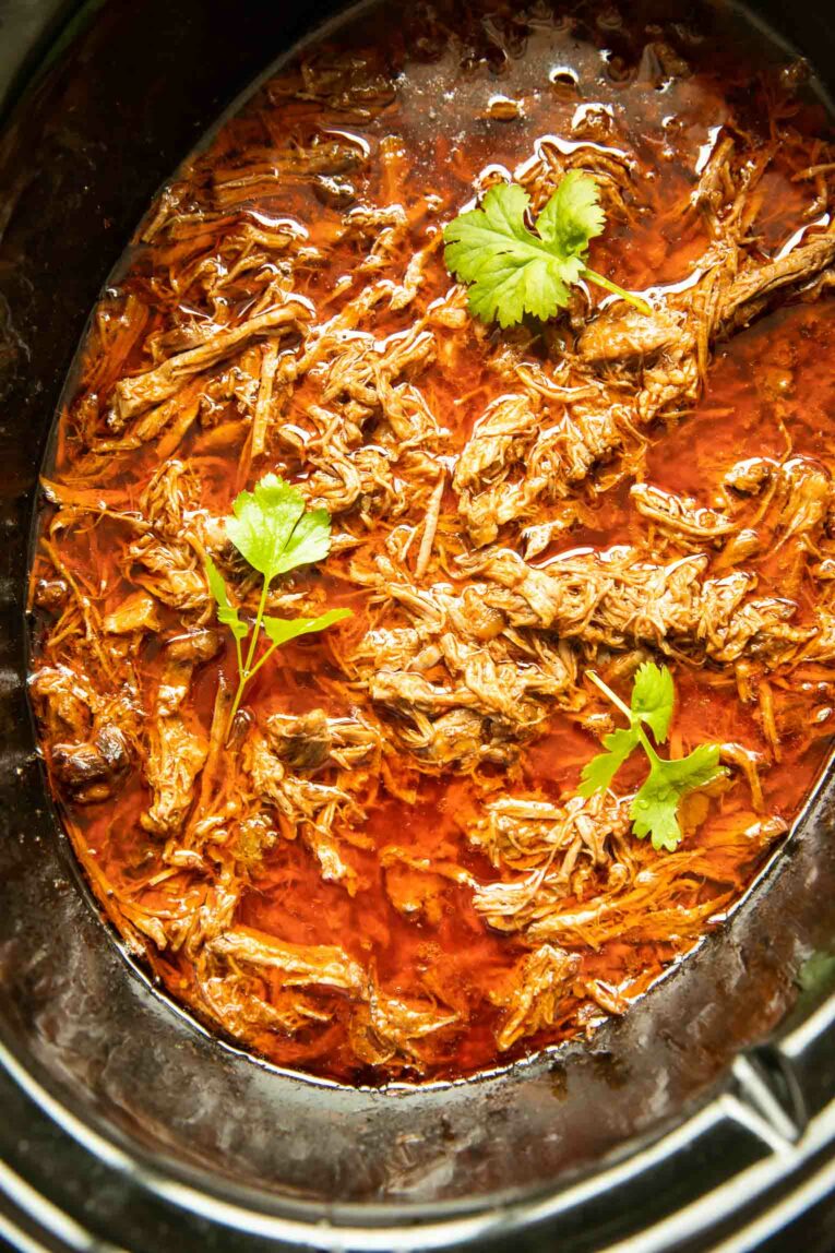 Slow Cooker Birria shredded meat.