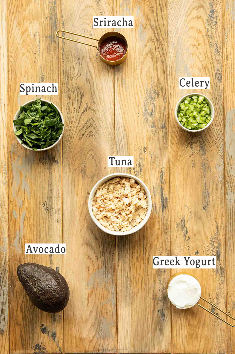 Ingredients for Spicy Sriracha Tuna Stuffed Avocado recipe.