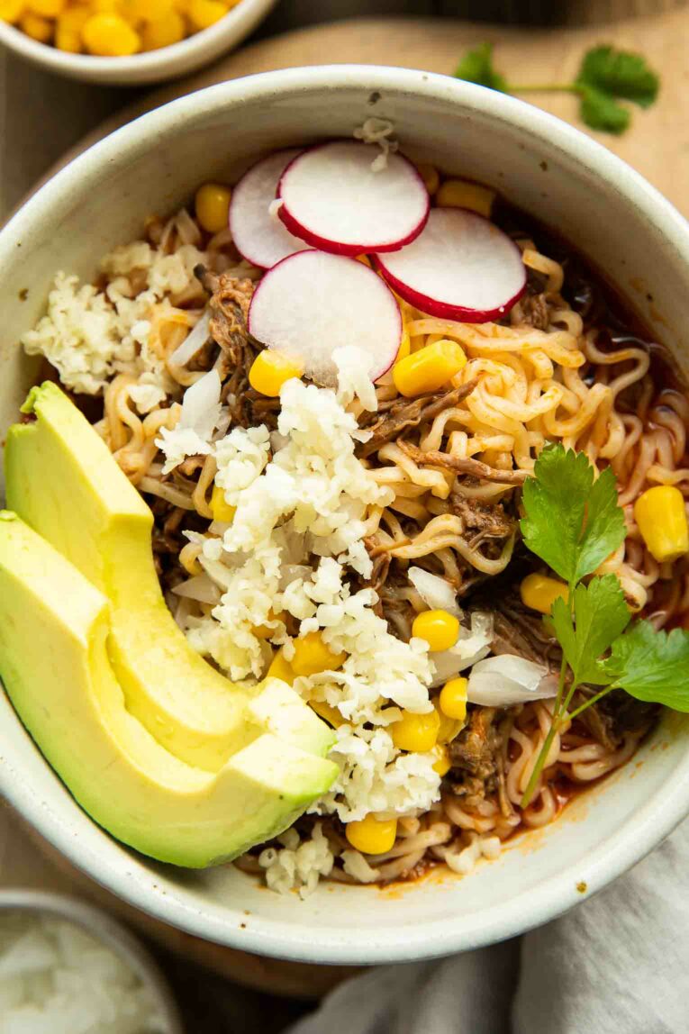 Close up of Birria Ramen bowl.