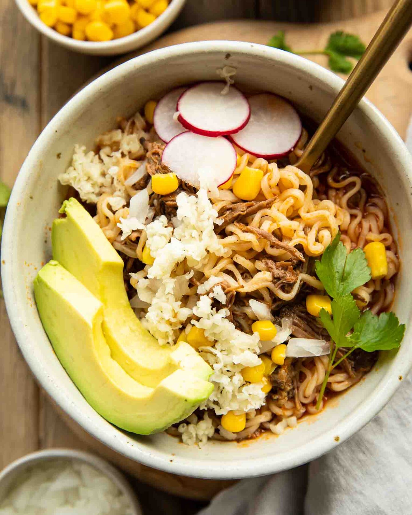 Birria ramen bowls recipe with toppings.
