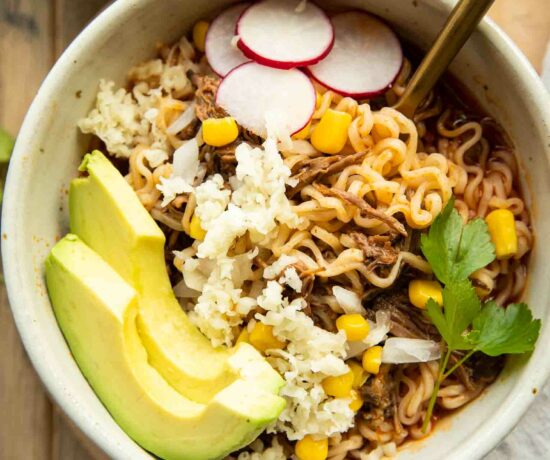 Birria ramen bowls recipe with toppings.
