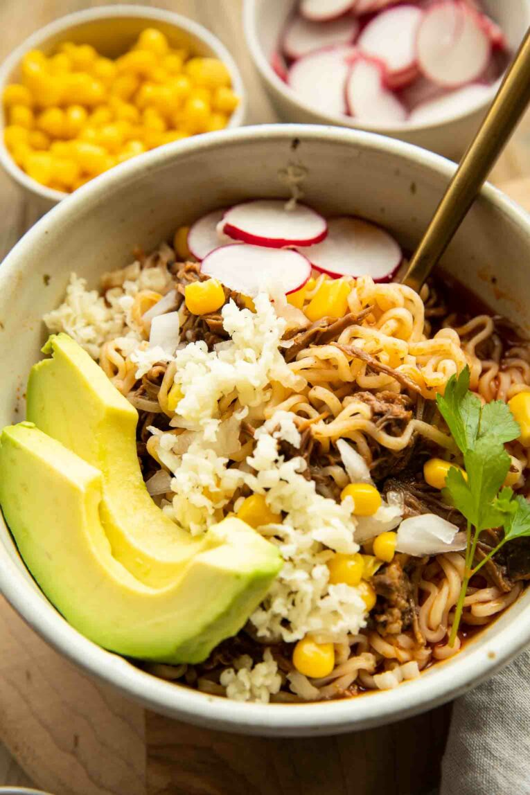 Angled photo of Birria Ramen Bowls recipe.