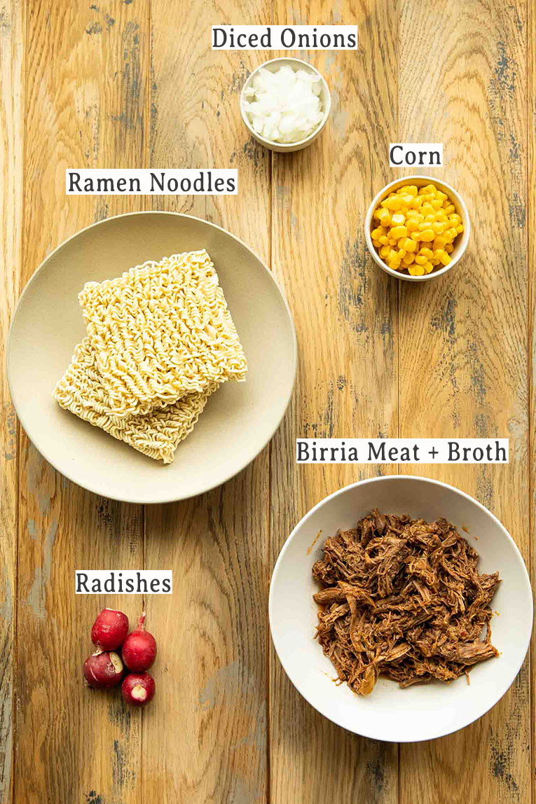 Ingredients for Birria Ramen Noodle Bowls recipe.