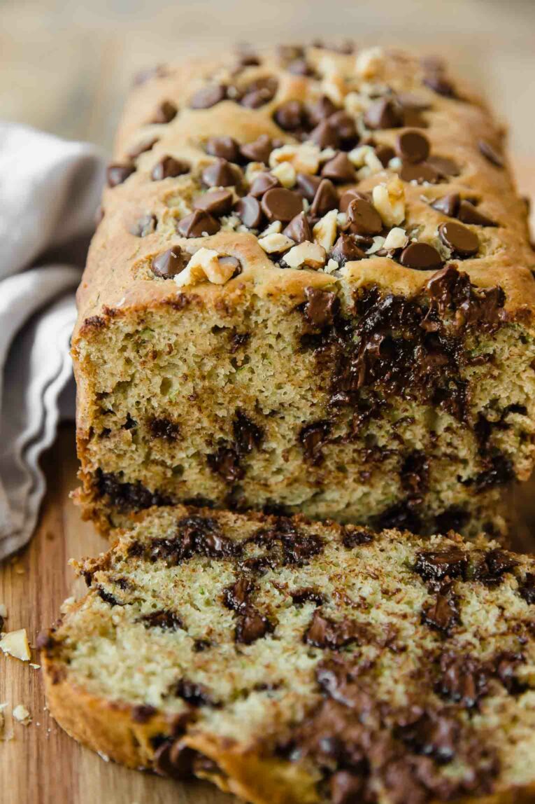 Angled photo of Chocolate Chip Zucchini Bread.