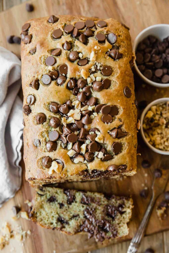 Top shot of Chocolate Chip Zucchini Bread recipe.