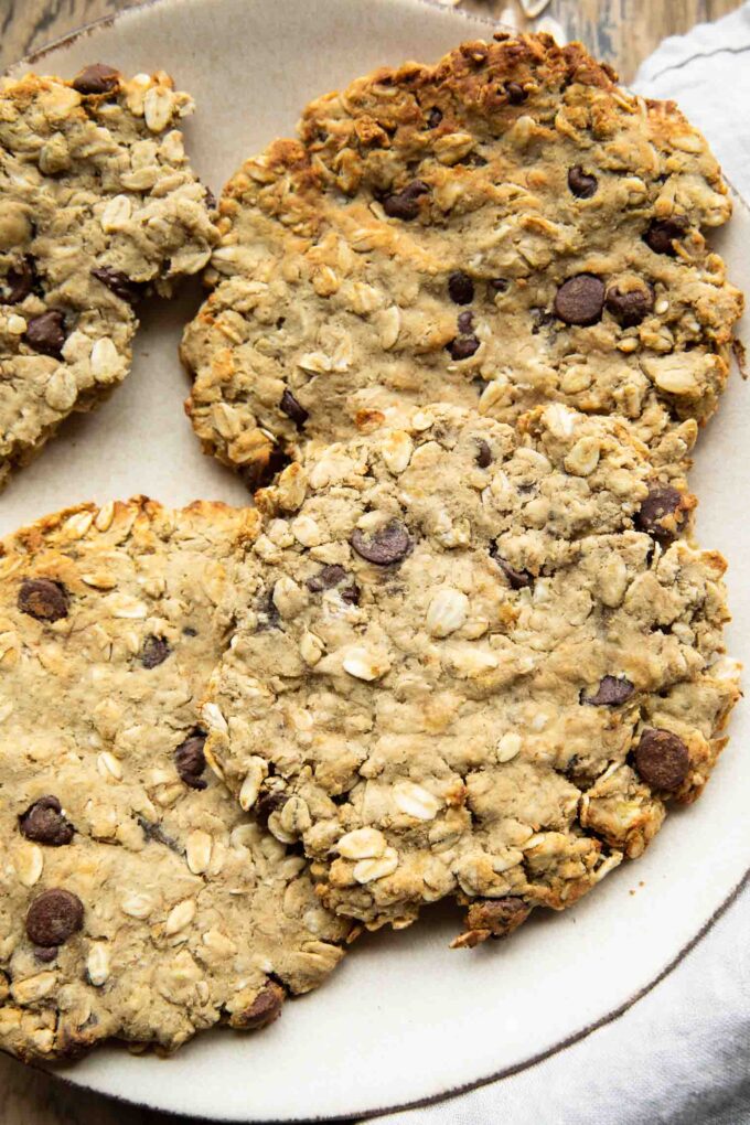 Giant air fryer cookies with protein on a plate.