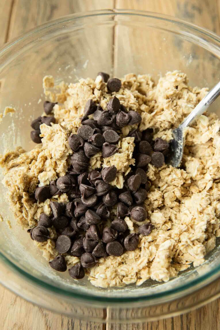 Air fryer cookie dough being mixed in a bowl.