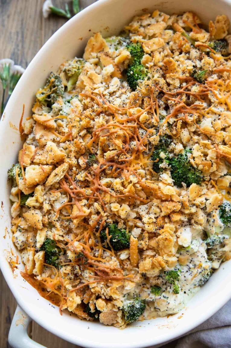 Close up of poppy seed chicken casserole recipe.