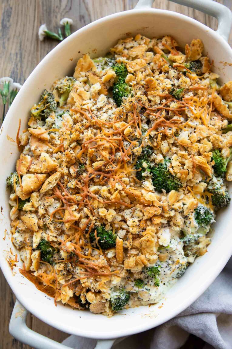 Poppy seed chicken casserole recipe in a casserole dish.