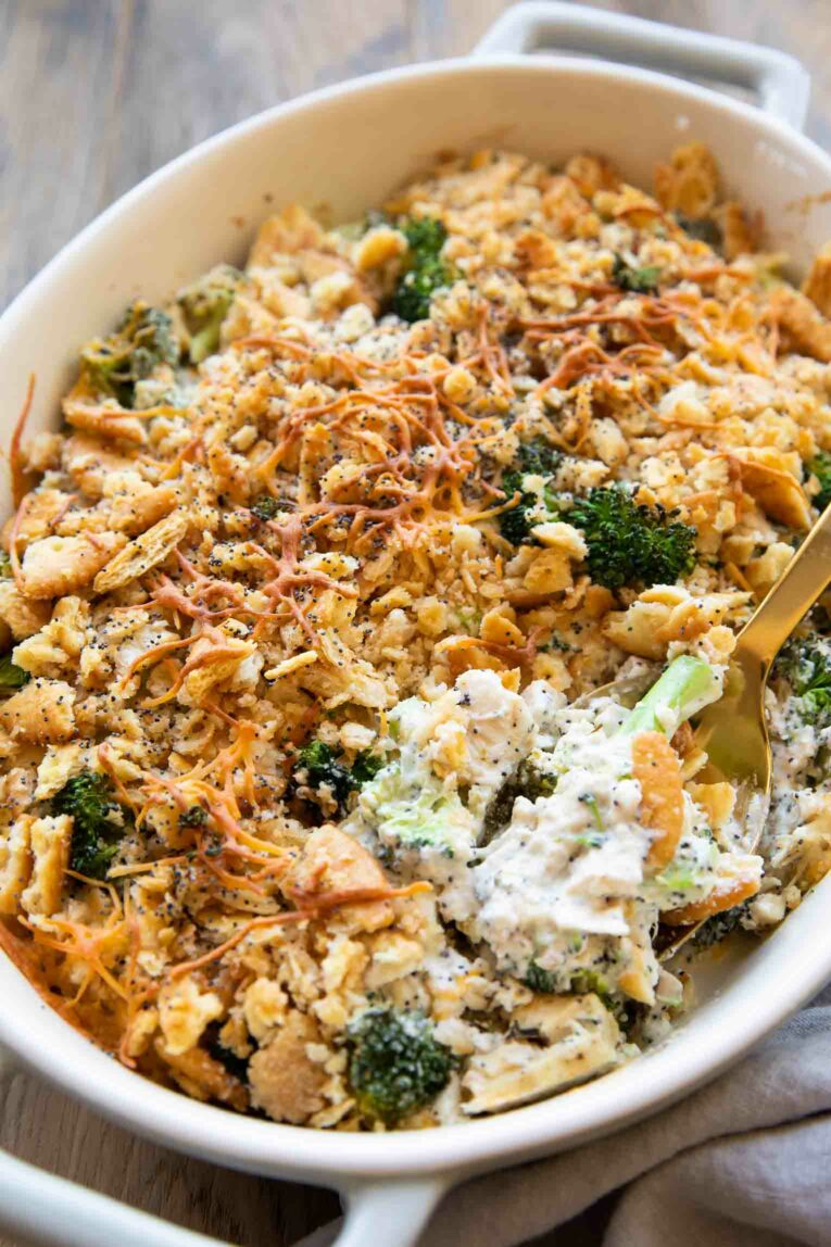 Angled photo of poppy seed chicken casserole.