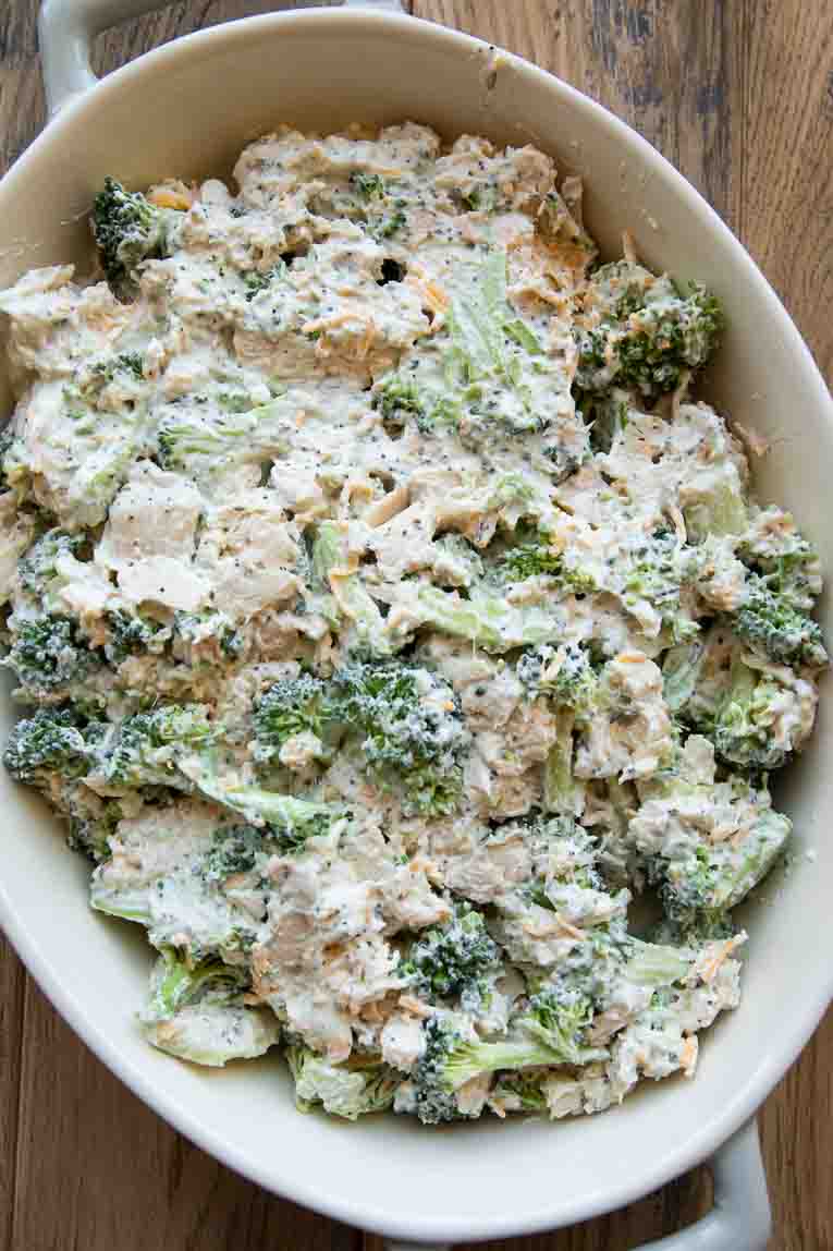 Poppy seed chicken casserole mixture in a casserole dish.