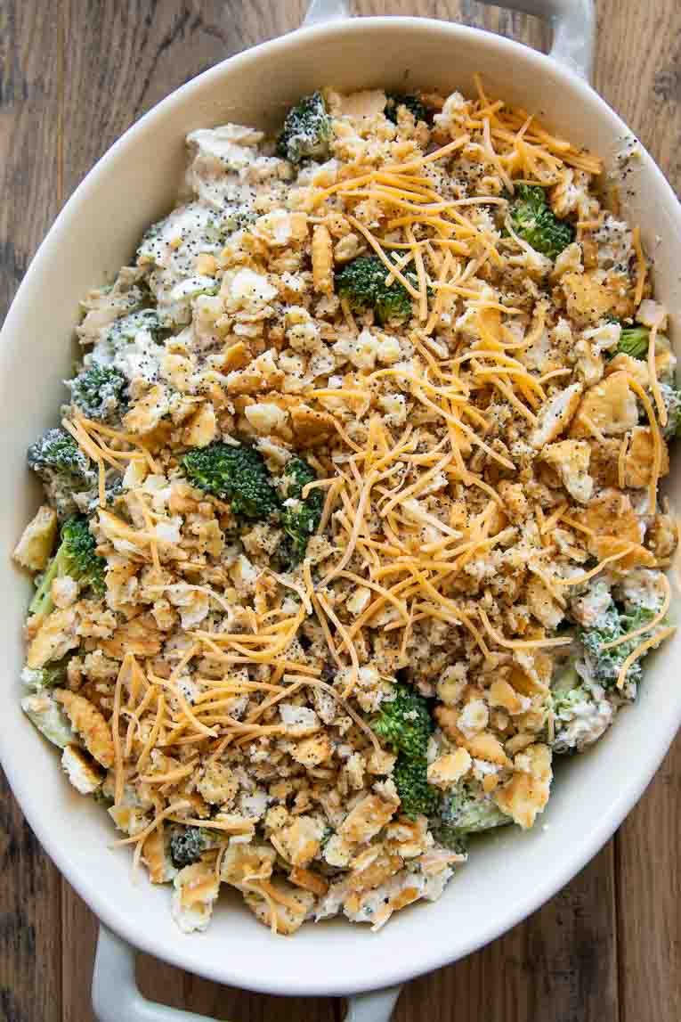 Poppy seed chicken casserole with buttery cracker topping.