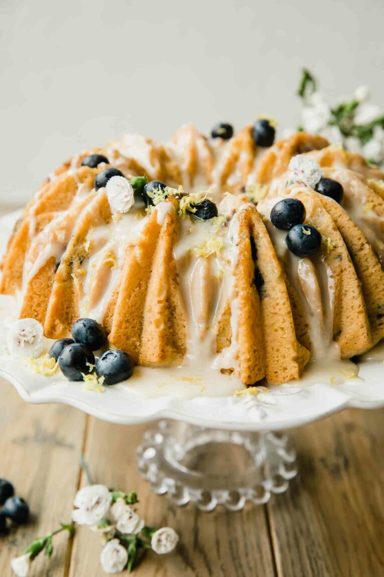 Vegan Lemon Cake bundt cake with icing.
