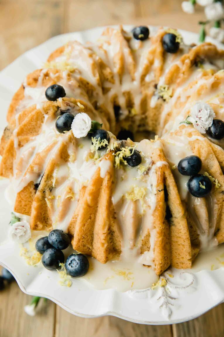 Angled photo of Vegan Lemon Blueberry Cake recipe.