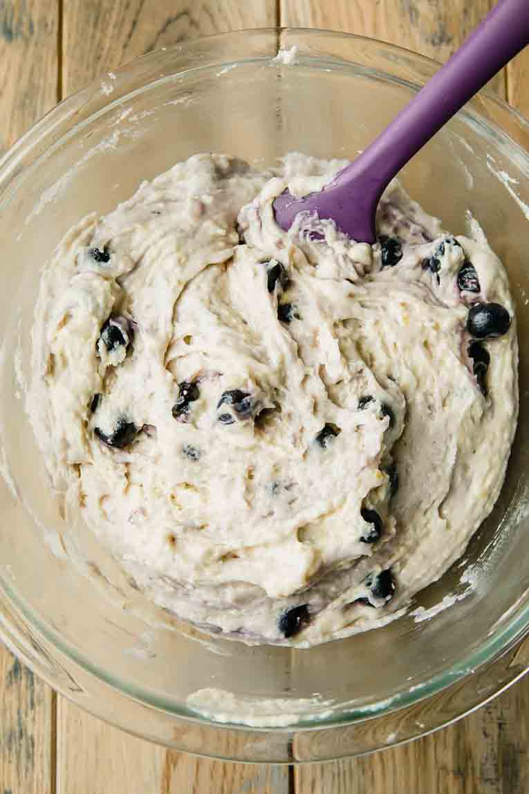 Vegan cake batter with lemon and blueberries.