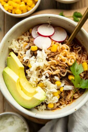 Birria ramen bowls recipe with toppings.