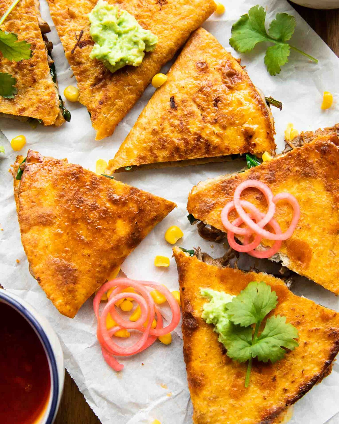 Close up top shot of Birria Quesadillas