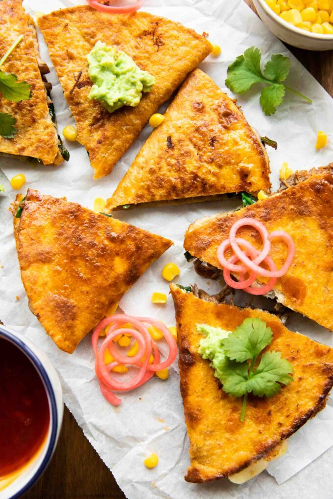 Close up top shot of Birria Quesadillas