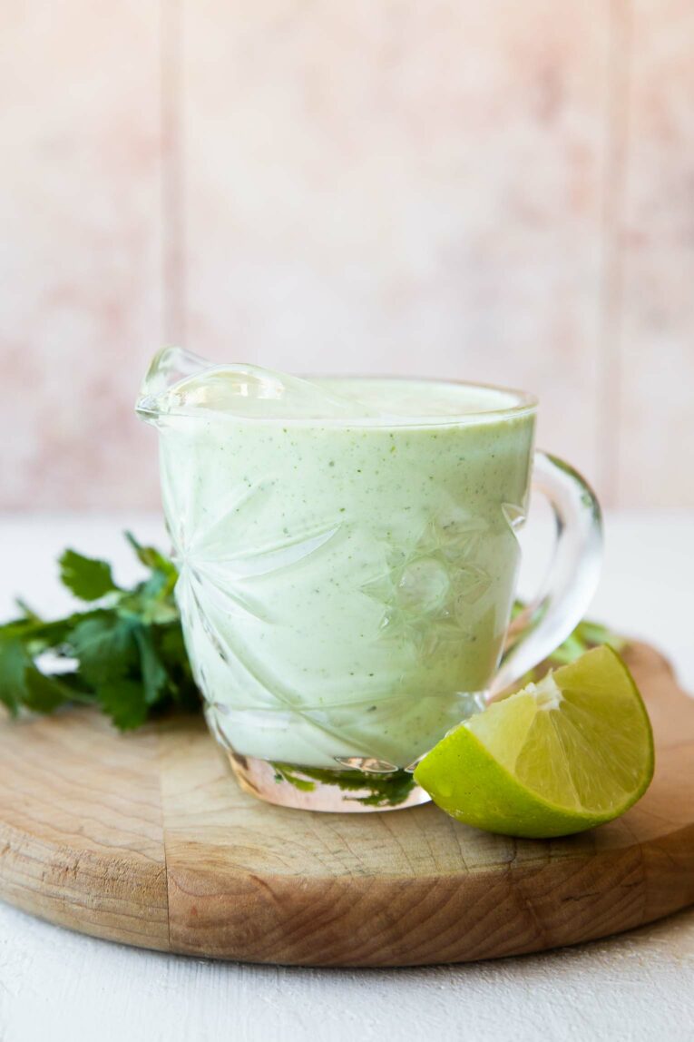 Cilantro Lime Sauce recipe in a glass jar.